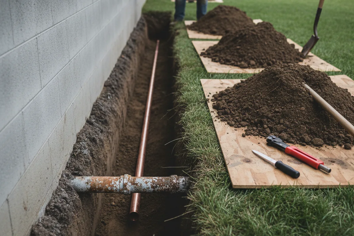 Excavated water line trench during Water Softener Installation in Kingston Mines